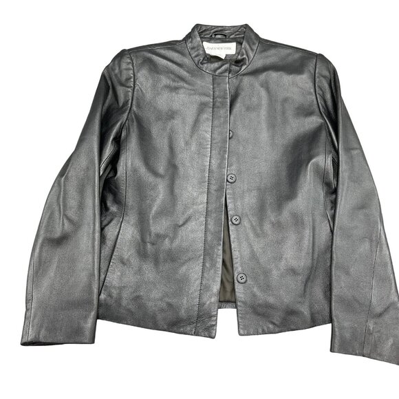 Jones New York Jacket Women 10 Pewter Metallic Leather Mandarin Soft Casual Rock - Picture 1 of 12
